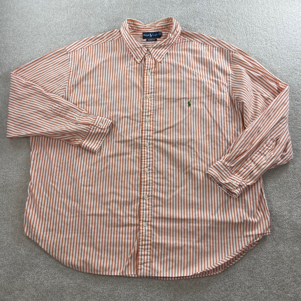 Ralph Lauren Button Down Shirt Mens 4XB Orange White Striped Classic Fit Cotton